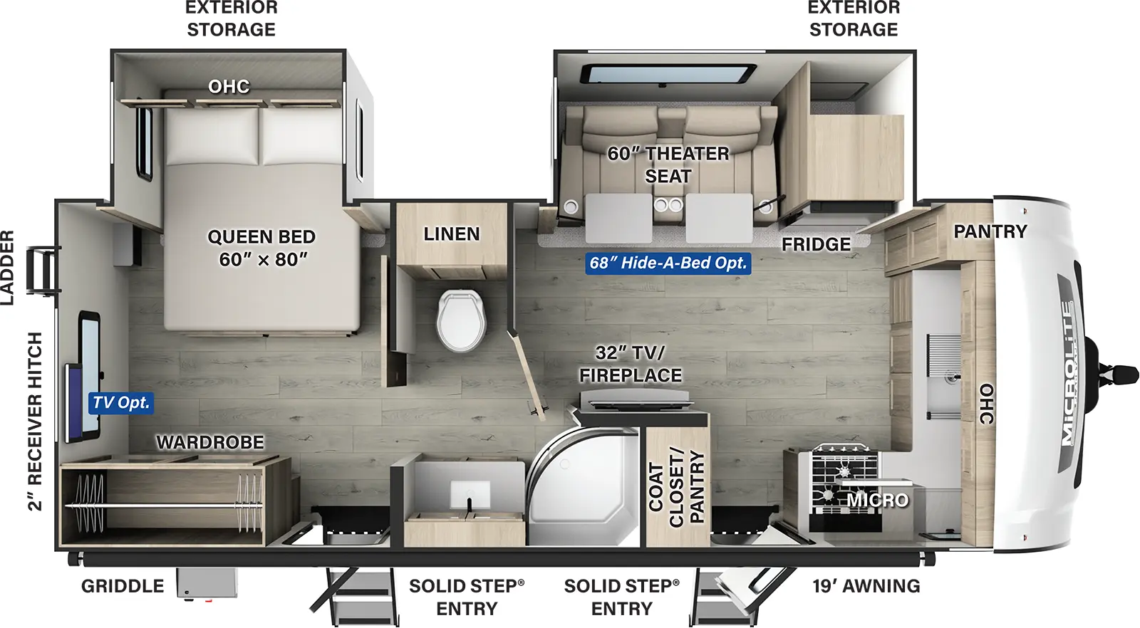 The Flagstaff Micro Lite 25FKBS floorplan has two entries and two slide outs. Exterior features include: fiberglass exterior and 19' awning. Interiors features include: front kitchen, rear bedroom and pass through bathroom.